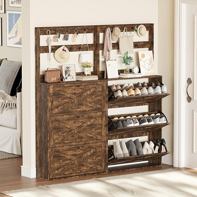 Shoe Cabinet Set 2 with 3 Flip Drawers, Narrow Shoe Cabinet with 9 Hooks Coat Rack, Freestanding Shoes Storage Cabinets with Adjustable Shelves for Entryway, Hallway, Living Room, Rustic Brown-Ruum Studio Home