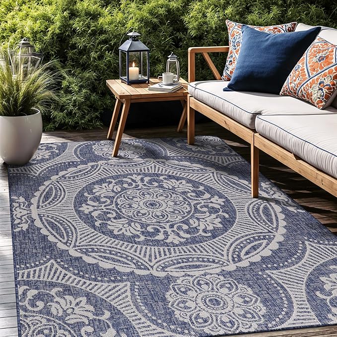 Medallion Outdoor Rug 6x9 Washable Outside Carpet for Indoor Patio Porch Waterproof Easy Cleaning Non Shedding Area Rugs Blue 6 x 9-Ruum Studio Home