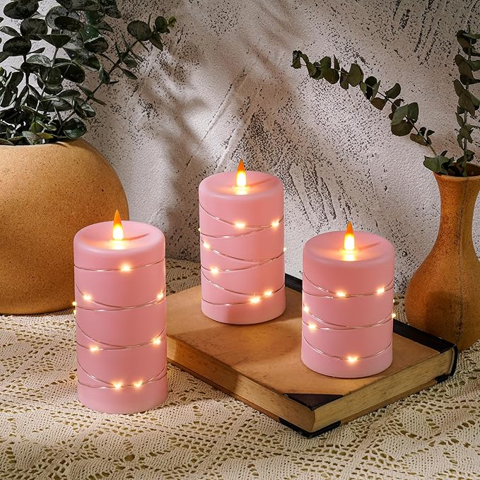 Rose Pink Flameless Candles with String Lights Battery Operated Flickering LED Pillar Candles 4‘’ 5‘’ 6‘’ Candle with Remote Control, Set of 3-Ruum Studio Home