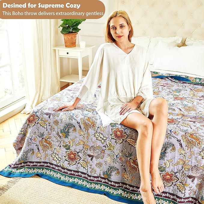 Boho Throw Blanket 80" x 90", 100% Organic Cotton Breathable Ultra Soft Bed Purple Quilt Throw - All Season Luxury Floral Farmhouse Decor Blanket for Sofa Couch Chair and Gift.-Ruum Studio Home