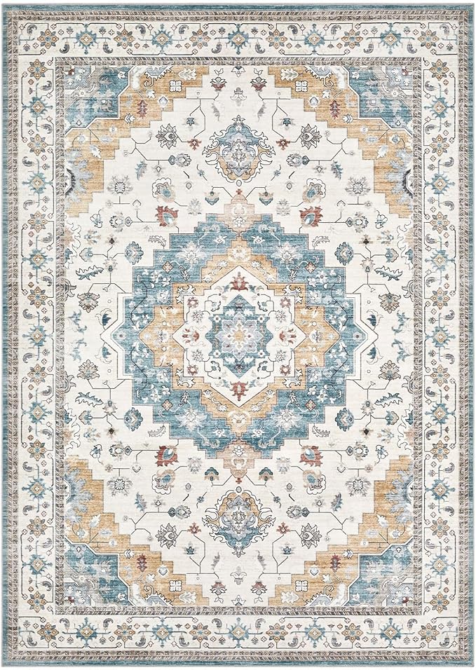 Washable Area Rugs for Living Room - 5x7 Neutral Vintage Distressed Floral Farmhouse Boho Large Soft Floor Rug Indoor Non Slip Carpet for Living Room Bedroom Dining Room Office - Blue/Yellow/Beige-Ruum Studio Home