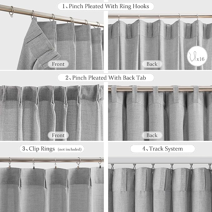 FMFUNCTEX Pinch Pleated Curtains 96 Inches Long for Living Room, Dove Grey Semi Sheer Faux Linen Textured Pleat Drapes for Bedroom with Hooks, Light Filtering Farmhouse Window Drapes 2 Panels-Ruum Studio Home