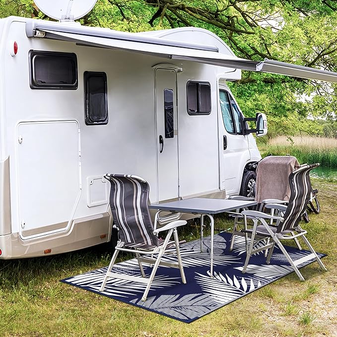 GENIMO Outdoor Rug 3' x 5' Waterproof for Patios Clearance, Reversible Outdoor Plastic Straw Camping Rug Carpet, Large Area Rugs Mats for RV, Camper, Deck, Balcony, Porch, Beach, Navy Blue&White-Ruum Studio Home