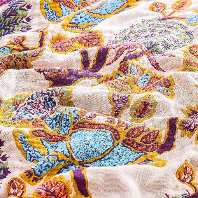 Boho Throw Blanket for Bed, 100% Cotton Soft Rustic Quilt Fall Blanket, 90"x98" Floral Printed Farmhouse Decor Bed Blankets, All Season Rustic Reversible Bohemian Throw Quilt-Ruum Studio Home