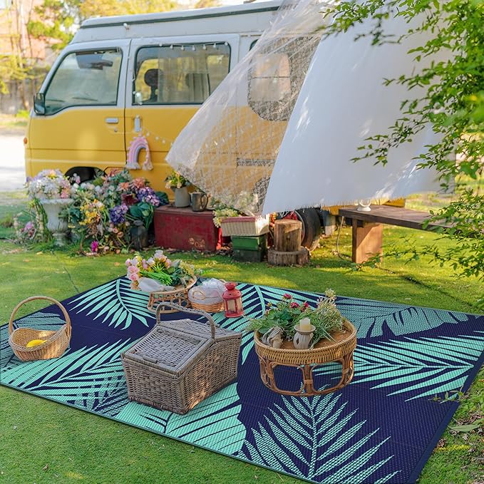 GENIMO Outdoor Rug 8' x 10' Waterproof for Patios Clearance, Reversible Outdoor Plastic Straw Camping Rug Carpet, Large Area Rugs Mats for RV, Camper, Deck, Balcony, Porch, Beach, Navy Blue&Jade Green-Ruum Studio Home