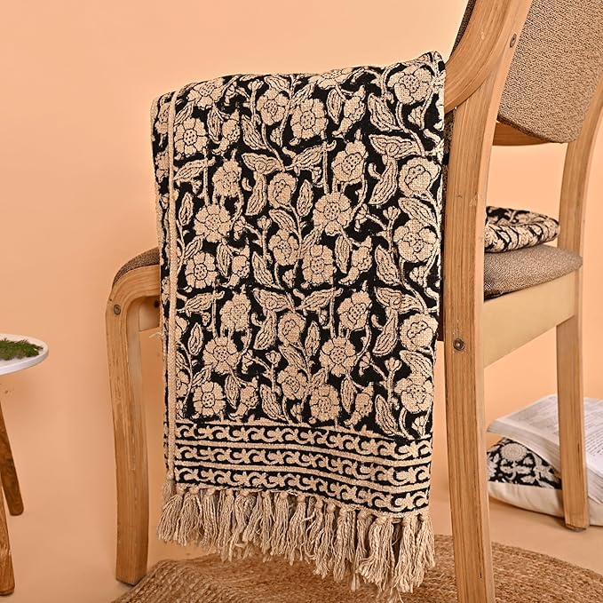 Handmade Cotton Throw Blanket, Floral Block Print, Black and Beige Wrap, 47x71 inches Decorative Woven Throw with Tassels-Ruum Studio Home