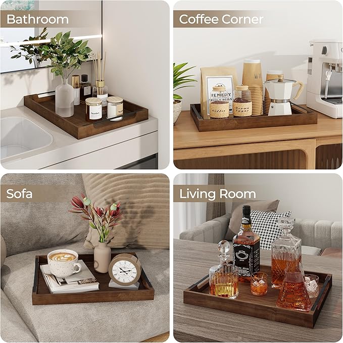 Axeman Wooden Serving Tray with Metal Handles|Ottoman Tray for Breakfast, Bed, Couch|17x13in Ash Wood Coffee Table Trays|Food Drinks Decorative Storage Boards for Ottoman Kitchen, Walnut-Ruum Studio Home