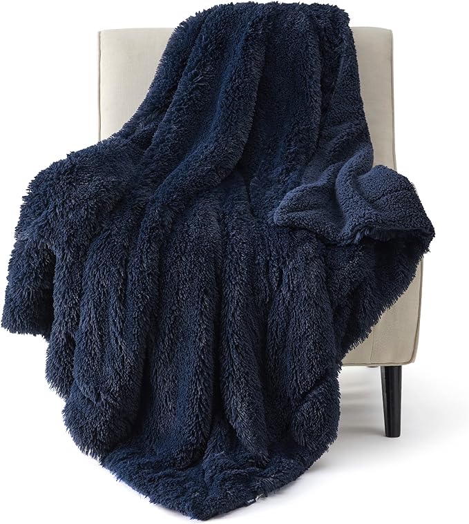 Bedsure GentleSoft Fuzzy Faux Fur Twin Blanket, Navy Blue Cozy Gifts for Men, Soft Sherpa Fleece Plush Warm Minky Thick Blanket Twin Size for Bed, Navy Dorm Decor Blue Gifts for Boys, 60x80-Ruum Studio Home