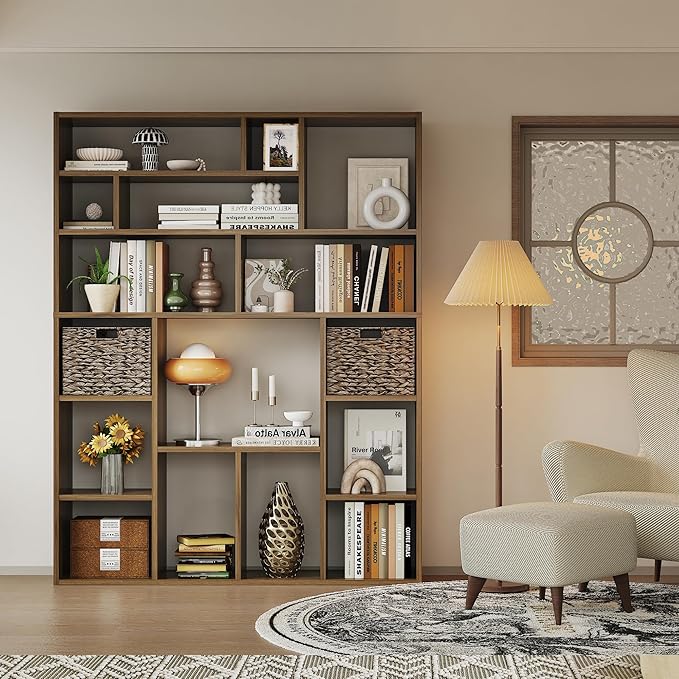 71” Tall Wooden Bookcase 6-Tier Large Bookshelves with 2 Woven Baskets, 55" Wide Floor Standing Wood Display Organizer Shelves for Living Room（Brown）-Ruum Studio Home