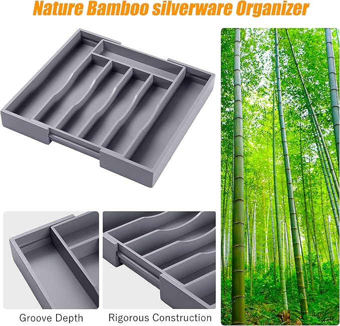 Kitchen Silverware Drawer Organizer and Storage Bamboo Wood Cooking Utensil Holder Cutlery Knife Jewelry Spice Rack Spoon Fork Multi Cabinet Organization Bathroom Counter Expandable Adjustable Tray-Ruum Studio Home