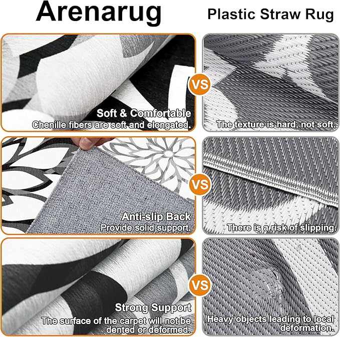 Indoor Outdoor Area Rug Washable Multicolored Rug Tropical Botanical Modern Floral Indoor Outdoor Carpet Black White Rug Non Slip Non Shedding for Patio, Deck, Backyard, Porch (9x12)-Ruum Studio Home