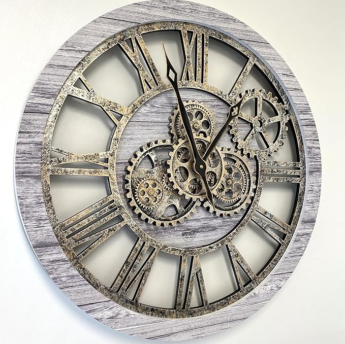 The Gears Clock The Original Real Moving Gear Wall Clock Vintage Industrial Oversized Rustic Farmhouse (24 inch (60cm),Silver Grey)-Ruum Studio Home