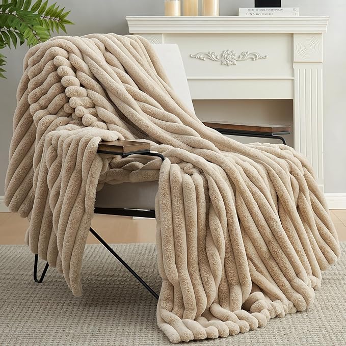 Amélie Home Faux Fur Throw Blanket for Couch, Cozy Fuzzy Fluffy Fur Luxurious Soft Striped Plush Gift Blankets for Family Sofa Chair Bed Living Room Bedroom, 60"x80", Beige-Ruum Studio Home
