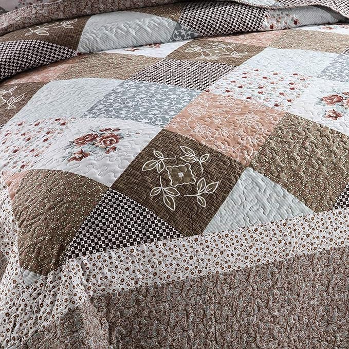 NEWLAKE Quilt Bedspread Sets-Checkered Floral Reversible Coverlet Set,King Size-Ruum Studio Home