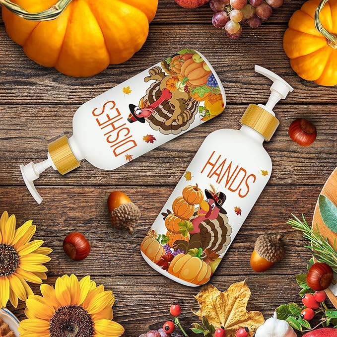 Hexagram Thanksgiving Decorations Indoor, Thanksgiving Kitchen Soap Dispenser Set of 2, Turkey Glass Soap Dispenser for Home Decor, Turkey Refillable Lotion Essential Oil Dispensers with Pump-Ruum Studio Home