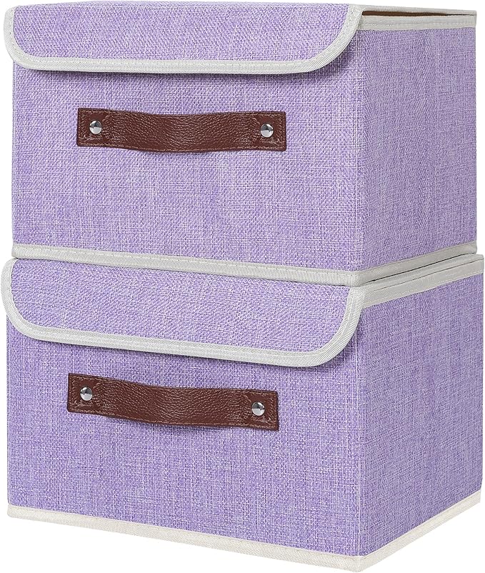 ANMINY 2PCS Storage Bins with Lid PU Leather Handles Storage Boxes PP Plastic Board Decorative Foldable Lidded Cotton Linen Fabric Home Cubes Baskets Closet Organizer Containers - Purple, Small Size-Ruum Studio Home