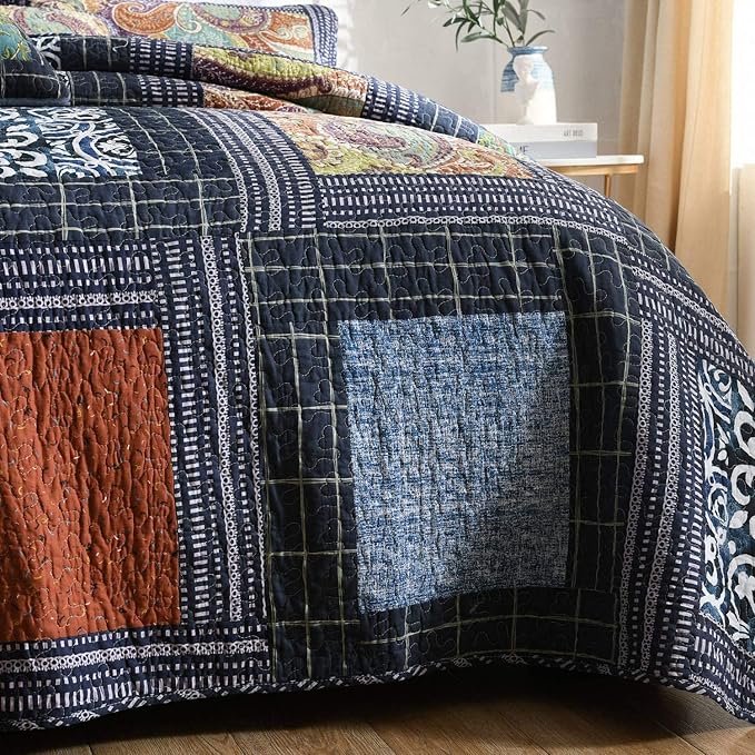 NEWLAKE Bedspread Quilt Set with Real Stitched Embroidery, Paisley Grid Pattern,Queen Size-Ruum Studio Home