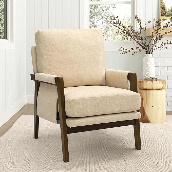 Modern Accent Chair for Living Room Mid Century Arm Chair Upholstered Bedroom Chair Comfy Lounge Chair with Solid Wood Frame, Beige-Ruum Studio Home
