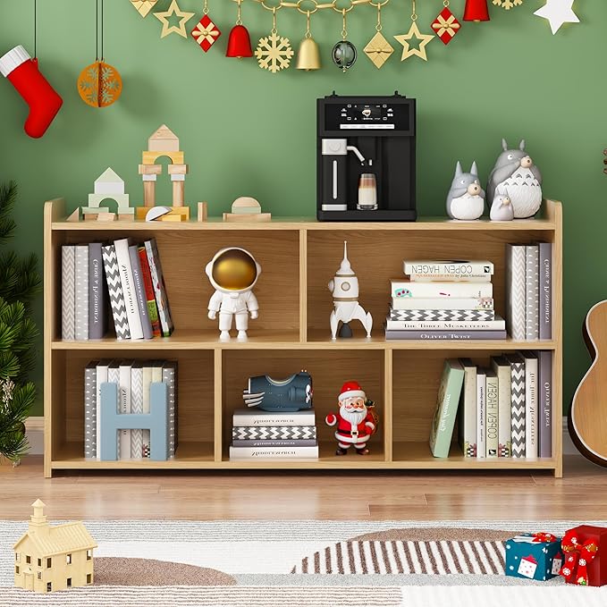 Book Shelf Set of 2, 5 Cubes Storage Organizer, Freestanding Log Bookshelf Cube Shelf for Bedroom, Living Room, Home Office, Open Bookshelf Wooden Bookcase-Ruum Studio Home