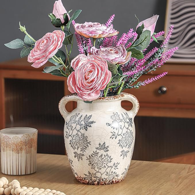 Enra Vintage vase with Handle,Blue and White Ceramic Decorative Flower vase, Chinoiserie Floral Vase,Large Rustic Vases for Home Decors, Living Room, Bookshelf, Office,7.8 in-Ruum Studio Home