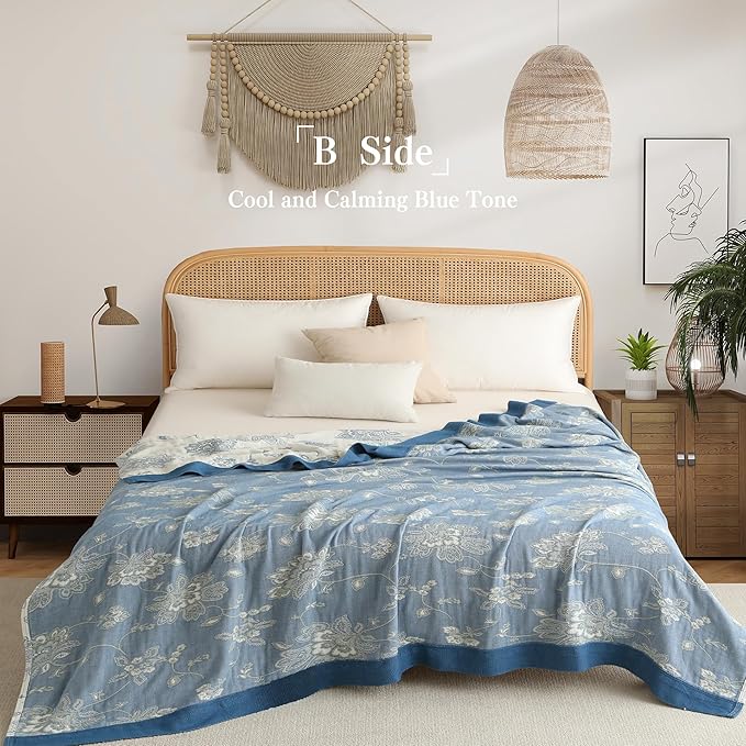 Boho Throw Blanket Twin Size, Soft Cozy Cotton Muslin Quilt Blanket for Bed Decor, Floral Patterned Couch Sofa Chair Cover, Vintage Farmhouse Cottage Tapestry Woven Blanket, Blue and White-Ruum Studio Home