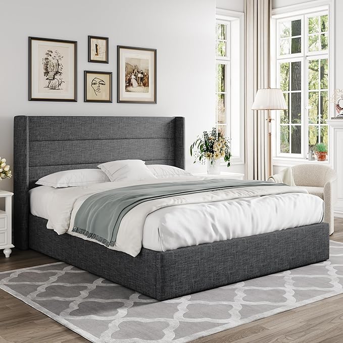 Allewie Full Size Lift Up Storage Bed, Modern Wingback Headboard, Hydraulic Support, No Box Spring Needed, Dark Grey-Ruum Studio Home