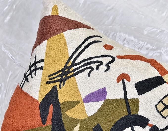 Kandinsky Abstract Pillow Cover - White Modern Throw Pillowcase Cream Chair Cushion Contemporary Farmhouse Pillows Modern Couch Handmade Wool Size 18x18-Ruum Studio Home
