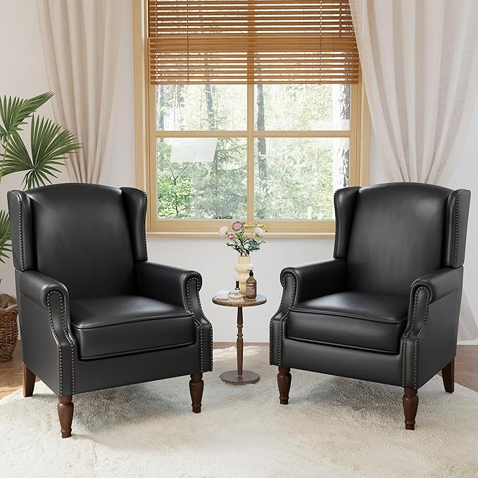 Accent Chairs, Faux Leather High Back Armchair Set of 2 or Living Room, Comfy Upholstered Single Sofa Reading Chairs with Solid Wood Legs for Office, Bedroom, Waiting Room-Black-Ruum Studio Home