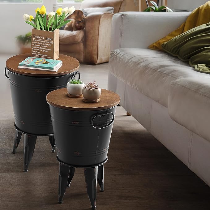 Rustic Storage Farmhouse Accent Side Table, Antique Galvanized Metal End Coffee Cocktail Table Box Bin with Round Wooden Lid Set of 2 (Black)-Ruum Studio Home