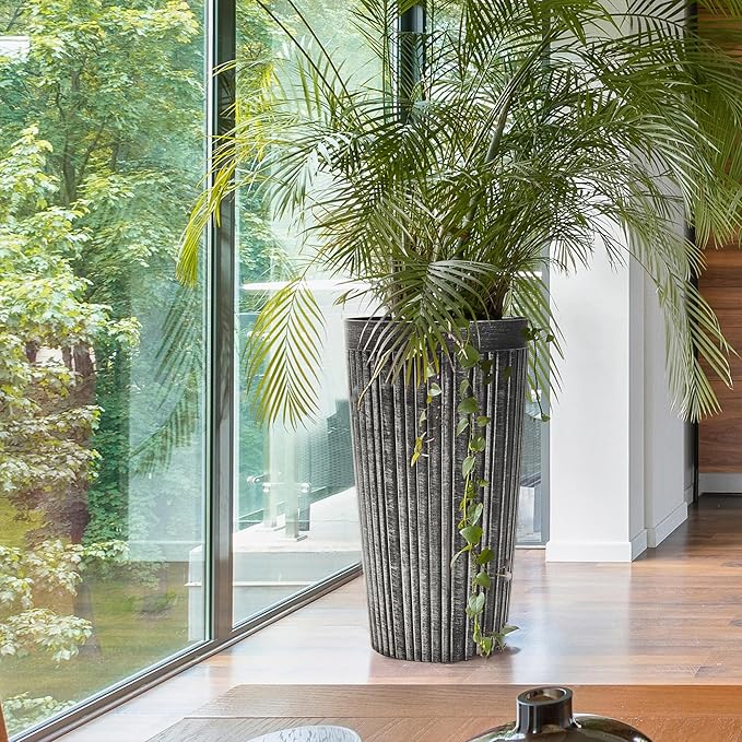 Worth Garden 22.5" H. Plastic Planters - Set of 2 Vintage Black Tall Conical Plant Pots for Indoor Outdoor Use - Decorative Lightweight Flower Pots for Front Porch, Patio, Deck - 12.5" Dia x 22.5" H-Ruum Studio Home