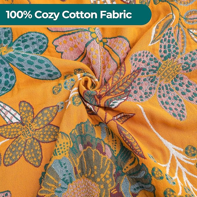 Boho Throw Blankets Reversible Luxurious Cotton Bed Throws with Vintage Bohemian Design & Yellow/Green Lightwight Floral Decor Blanket, Perfect as Bed Sofa Quilt 60" x 80"-Ruum Studio Home