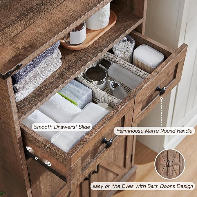 Bathroom Floor Cabinet, Farmhouse 24" Wide Cabinet with Drawer, Adjustable Shelf, Barn Doors, Cabinets for Bathroom, Kitchen, Living Room, Rustic Brown-Ruum Studio Home
