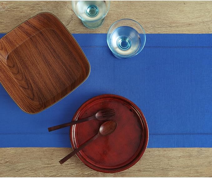 Solino Home Linen Royal Blue Table Runner 132 Inches Long - 100% Pure Linen Extra Long Table Runner 14 x 132 Inch - Classic Hemstitch-Ruum Studio Home
