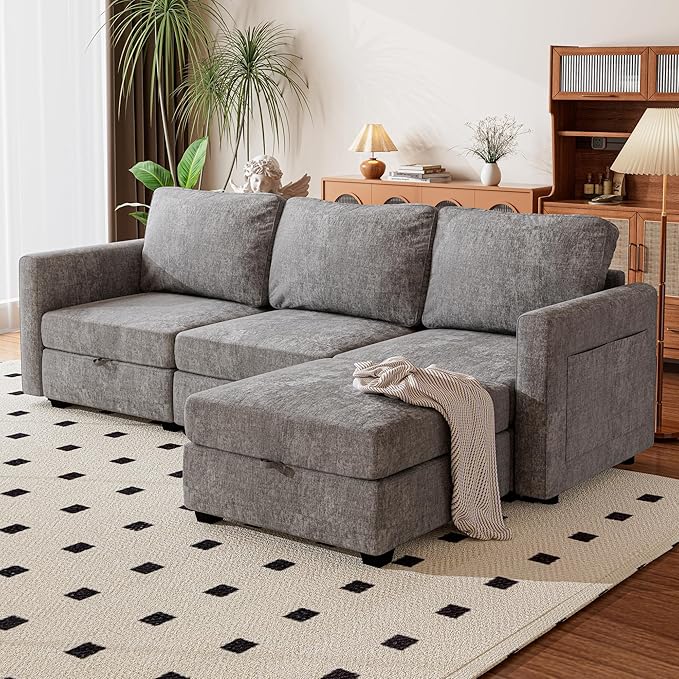 mestyl Modular Sectional Sofa Convertible L Shaped Sofa Couch Set with Storage for Living Room, Modern 3 Seater Modular Sectional Couch with Movable Ottoman (Grey)-Ruum Studio Home