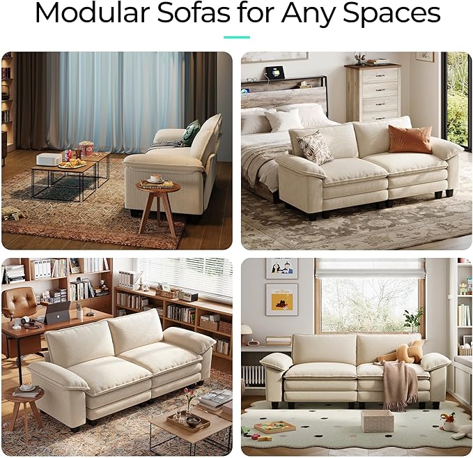 LINSY HOME Sectional Loveseat Sofa - 90'' Oversized Corduroy Cloud Couch Soft Modern Comfy Green Loveseat Couch Deep Seat Couches for Living Room Bedroom Apartment Office, Beige-Ruum Studio Home