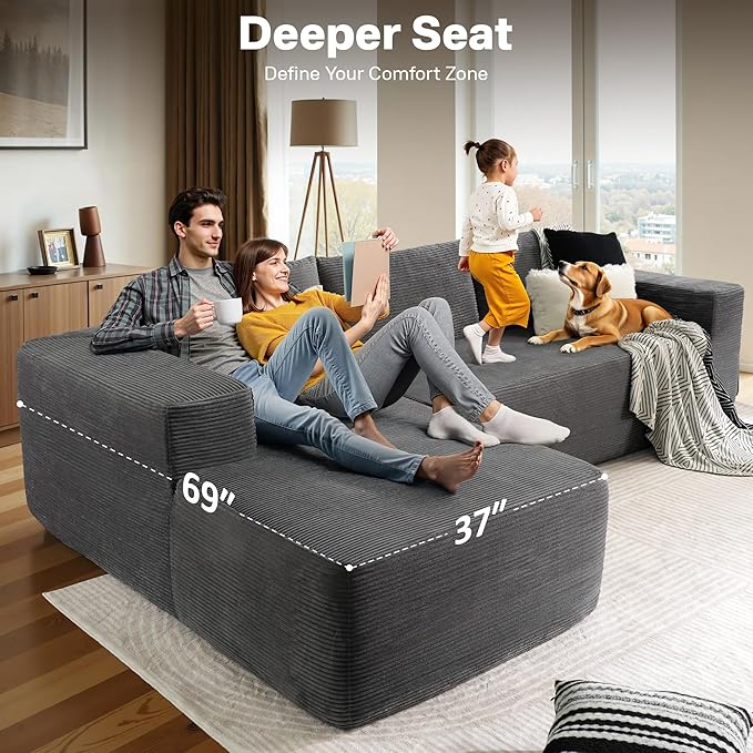 104" Cloud Sectional Couches for Living Room,L Shaped Boneless Couch in A Box,Sleeper Sofa with Comfy Chaise No Assembly Required,Grey-Ruum Studio Home