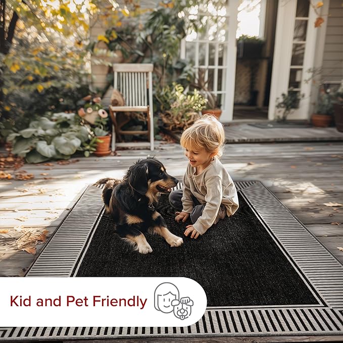 nuLOOM 5' x 8' Outdoor Area Rug, Casual Design With Striped Border, Stain Resistant, Highly Durable, For Patio, Balcony, Bedroom, Living Room, Dining Room, Bathroom, Black-Ruum Studio Home