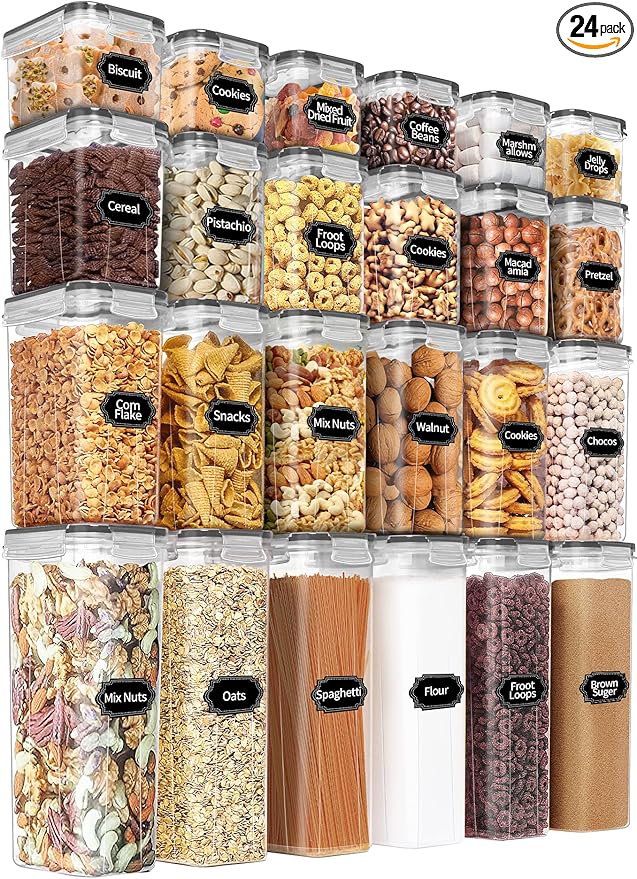 PRAKI Airtight Food Storage Containers Set with Lids - 24 PCS, BPA Free Kitchen and Pantry Organization, Plastic Leak-proof Canisters for Cereal Flour & Sugar - Labels & Marker(Grey)-Ruum Studio Home