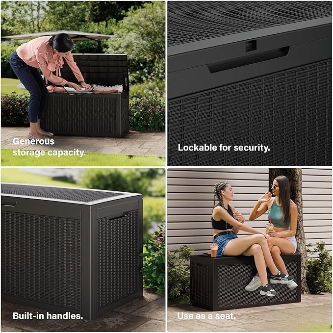 100 Gallon Resin Deck Box, Waterproof Outdoor Storage Bin for Patio Furniture, Pool Accessories, and Garden Tools, Lockable & UV-Resistant, Black-Ruum Studio Home