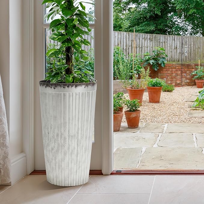 Worth Garden 22.5" H. Plastic Planters - Set of 2 Silver Color Tall Conical Plant Pots for Indoor Outdoor Use - Decorative Lightweight Flower Pots for Front Porch, Patio, Deck - 12.5" Dia x 22.5" H-Ruum Studio Home