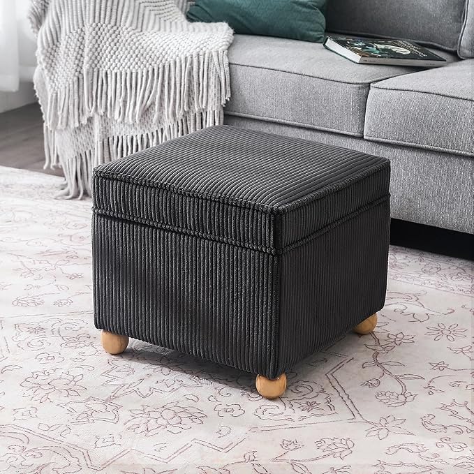 Adeco 17 Inch High Striped Flannel Black Cube Ottoman Storage, 3D Embossed Velvet Chair Foot Stools, Upholstered Vanity Stool with Hinged Lid, Solid Round Wood Legs-Ruum Studio Home