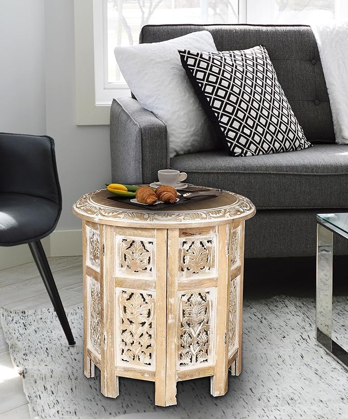 Lightnpro Hand Carved Solid Mango Wood Octagonal Accent Table - 18"×18" White Wash Farmhouse Vintage Home Décor Round End Table for Living Room, Bedroom, Entryway - Rustic Boho Side Table-Ruum Studio Home