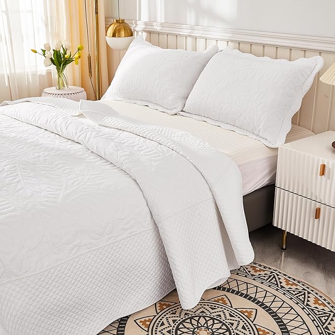 MarCielo 3-Piece 100% Cotton Oversized Bedspread Lightweight Quilt Coverlet Embroidery Farmhouse Bedding Set T0 (Bright White, Oversized Queen (100"x106"))-Ruum Studio Home