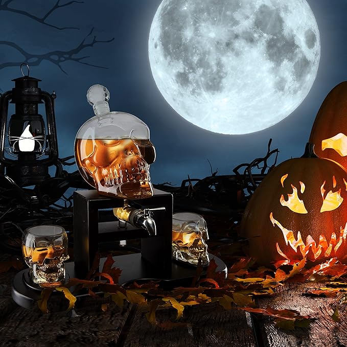 Skull Skeleton Wine & Whiskey Decanter Set 750mL with 2 Skull Shot Glasses 3oz | Gothic Skeleton Barware on Mahogany Wooden Base with Spigot | Spooky Halloween Decor Drinkware & Unique Goth Gift Idea-Ruum Studio Home