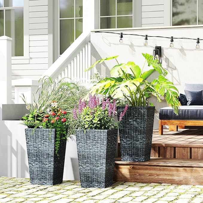 Outsunny Tall Planters for Outdoor Plants Set of 3, 24 in Taper Planters with Drainage Holes, Rattan Decor Plant Pots for Indoor Outdoor Front Porch Patio Backyard, Gray-Ruum Studio Home