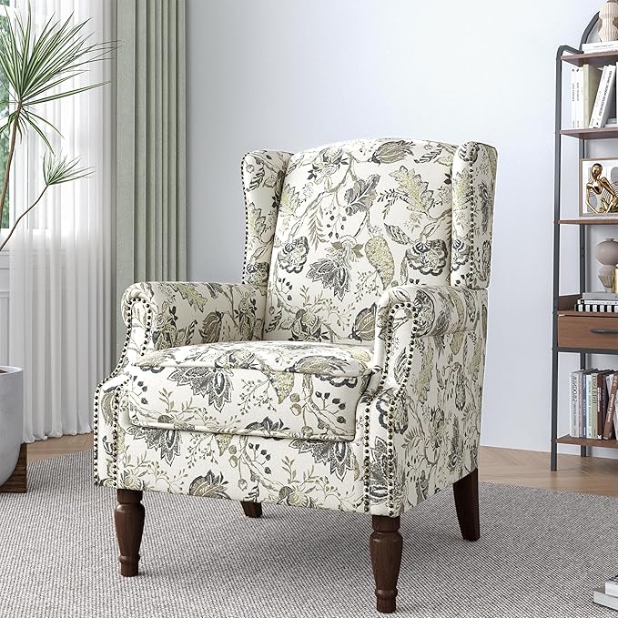 Lumibee Wingback Accent Chair,High Back Floral Armchairs in Fabric,Comfy Upholstered Reading Single Sofa Chair with Solid Wood Legs for Living Room,Bedroom,Office-Plants Beige-Ruum Studio Home