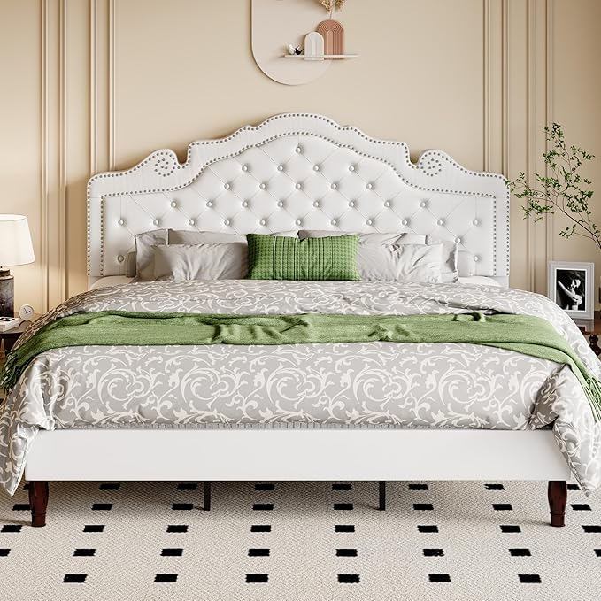 Allewie King Bed Frame with Adjustable Velvet Tiara Headboard, Upholstered Diamond Button Tufted Platform Bed, Wood Slats Support, No Box Spring Needed, Mattress Foundation, Easy Assembly, White-Ruum Studio Home