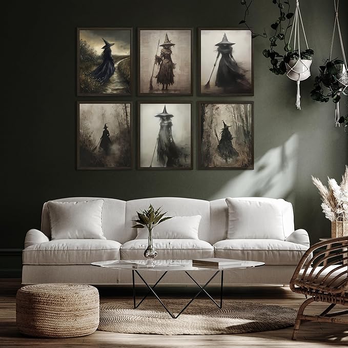 LANCHI95 6 Pcs 8x10in Vintage Rustic Witch Posters Halloween Wall Art Witch in The Forest Painting Prints Goth Dark Moody Wall Decor for Living Room Bedroom 8x10 in (UNFRAMED)-Ruum Studio Home