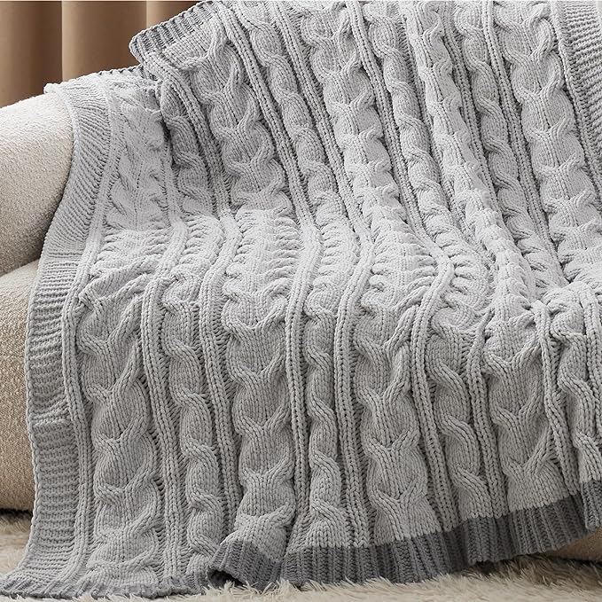 Bedsure Cable Knit Throw Blanket for Couch Bed - Breathable Chenille Chunky Knit Throw Blanket for Decorative Gift, GentleSoft Cozy and Warm for Winter and All Seasons, Grey, 50x60 Inches-Ruum Studio Home
