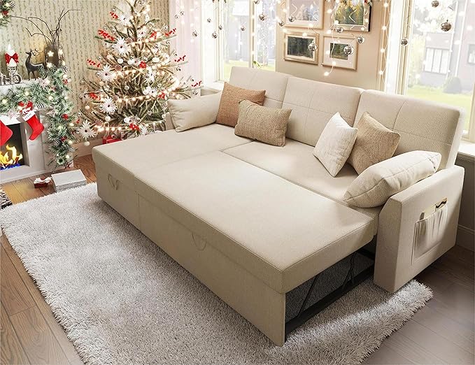 VanAcc Sleeper Sofa, Sofa Bed- 2 in 1 Pull Out Couch Bed with Storage Chaise for Living Room, Comfy Sleeper Couch, Beige Chenille-Ruum Studio Home